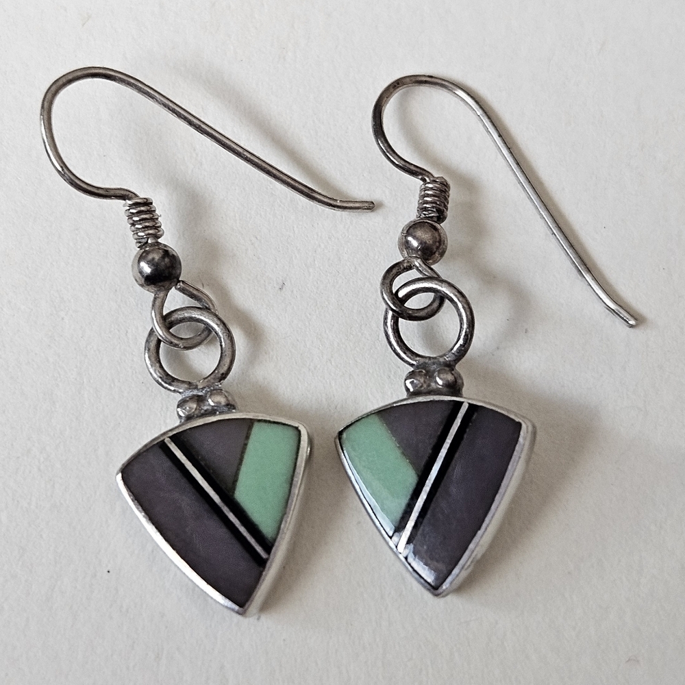 Sterling Silver Handmade Navajo Native American Triangular Dangle Earrings